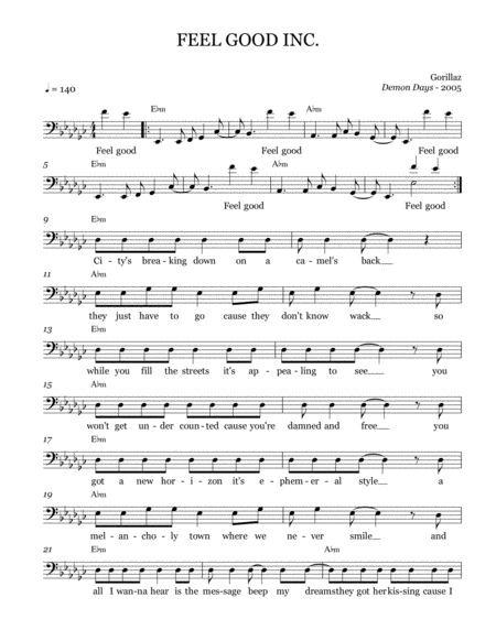 Feel Good Inc Leadsheet Melody Notated Sheet Music