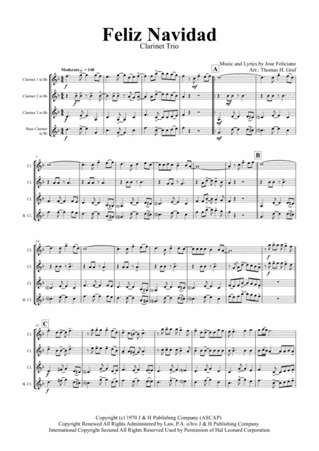 Free Sheet Music Feliz Navidad Christmas Classic Clarinet Trio