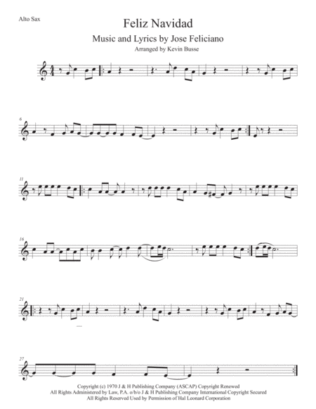 Free Sheet Music Feliz Navidad Easy Key Of C Alto Sax