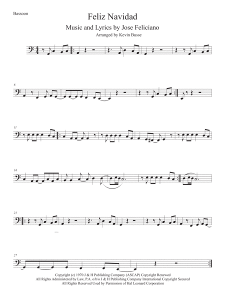 Feliz Navidad Easy Key Of C Bassoon Sheet Music