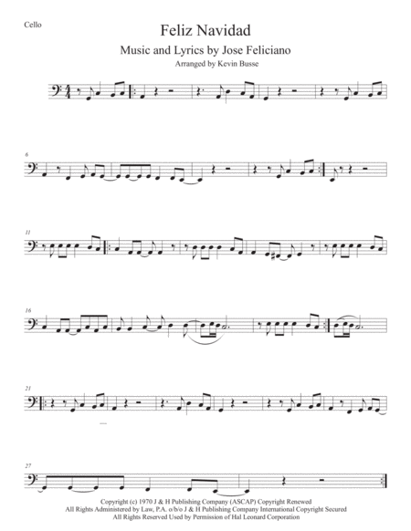 Feliz Navidad Easy Key Of C Cello Sheet Music