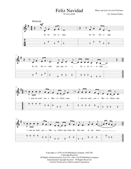 Feliz Navidad For Easy Guitar With Tab Optional Voice Sheet Music