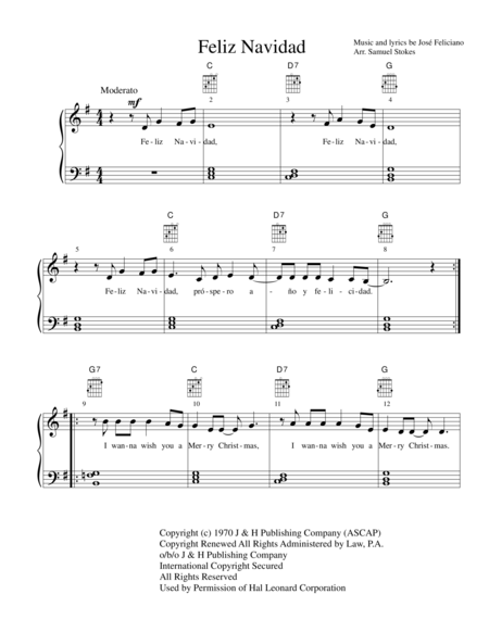 Feliz Navidad For Easy Piano Optional Vocals And Guitar Sheet Music