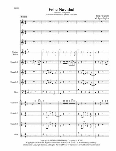 Feliz Navidad For Ukulele Trio Ensemble Band Orchestra With Optional Vocals Sheet Music