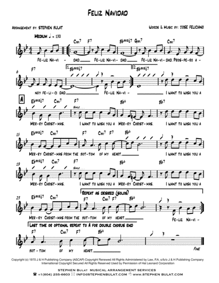 Free Sheet Music Feliz Navidad Jose Feliciano Lead Sheet Key Of Bb