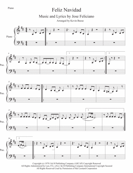 Free Sheet Music Feliz Navidad Original Key Piano