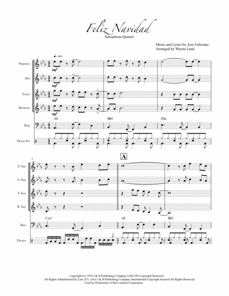 Free Sheet Music Feliz Navidad Sax Quartet