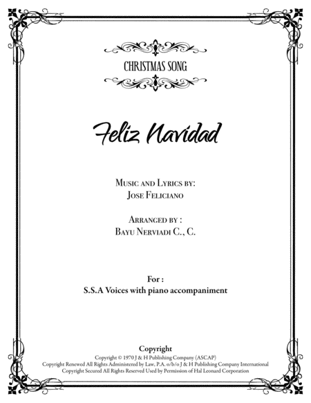 Free Sheet Music Feliz Navidad Ssa With Piano Accompaniment