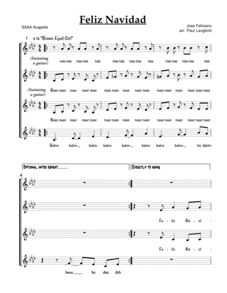 Feliz Navidad Ssaa Acappella Sheet Music