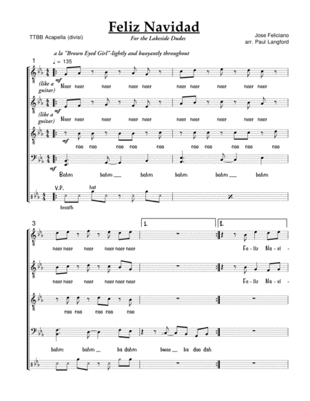 Feliz Navidad Ttbb Acappella Sheet Music