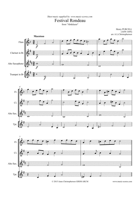 Festival Rondeau From Abdelazer Flute Clarinet Alto Sax Trumpet Sheet Music