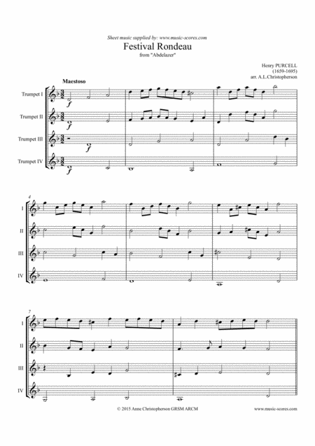 Festival Rondeau From Abdelazer Trumpet Quartet In D Minor Sheet Music