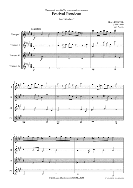 Festival Rondeau From Abdelazer Trumpet Quartet Sheet Music