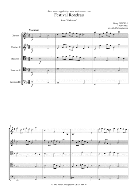 Festival Rondeau From Abdelazer Wind Quintet 2 Clarinets 3 Bassoons Sheet Music