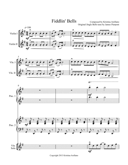 Free Sheet Music Fiddlin Bells Jingle Bells Arrangement For 3 Violins And 1 Piano 2 To 4 Hands