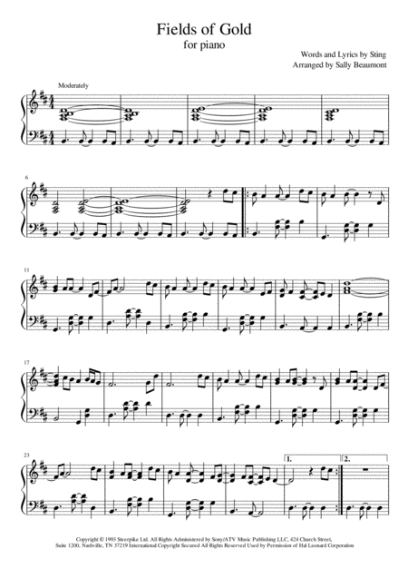Free Sheet Music Fields Of Gold By Sting Piano Solo