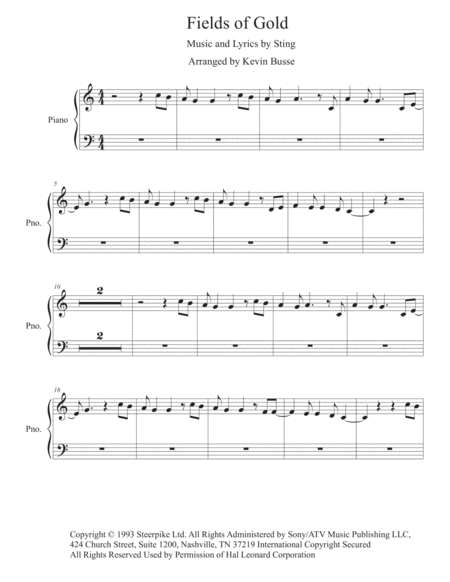 Fields Of Gold Easy Key Of C Piano Sheet Music