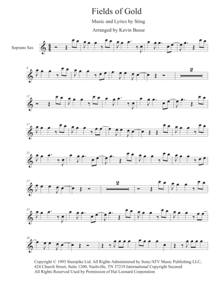 Fields Of Gold Easy Key Of C Soprano Sax Sheet Music