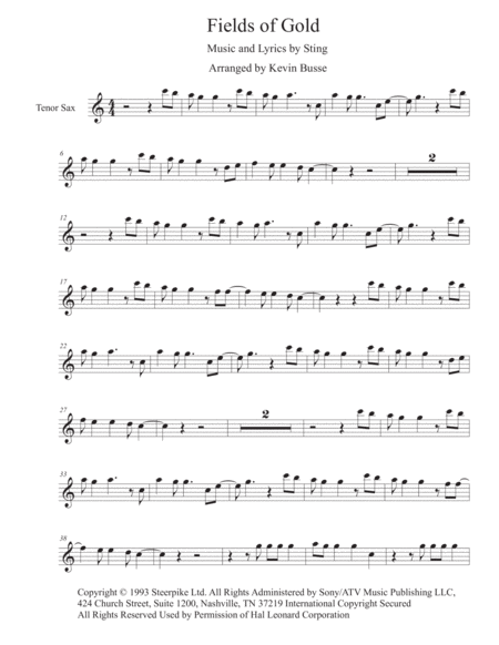 Fields Of Gold Easy Key Of C Tenor Sax Sheet Music