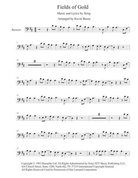 Fields Of Gold Original Key Bassoon Sheet Music