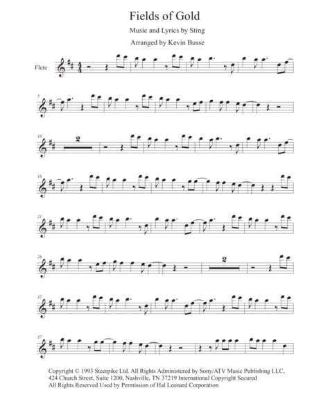 Fields Of Gold Original Key Flute Sheet Music