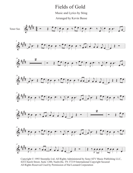 Fields Of Gold Original Key Tenor Sax Sheet Music