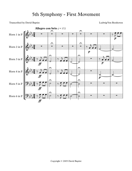 Free Sheet Music Fifth Symphony First Movement For Horn Sextet