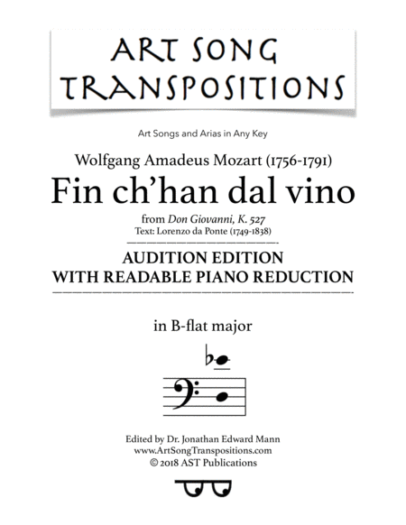 Free Sheet Music Fin Ch Han Dal Vino B Flat Major Audition Edition With Readable Piano Reduction