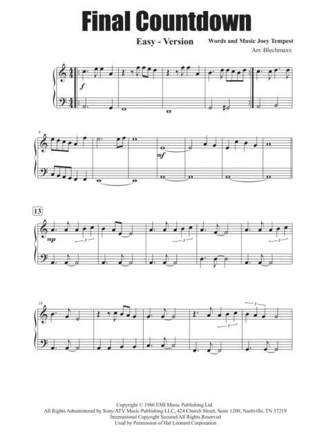 Final Countdown Easy Piano Version Sheet Music