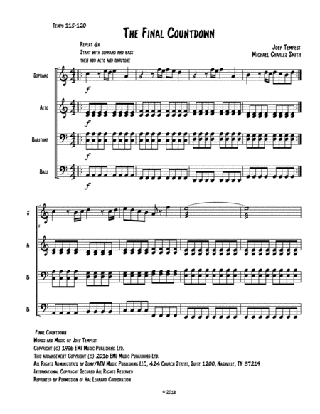 Final Countdown For Diatonic Or Chromatic Marimba Quartet Key Of C Sheet Music