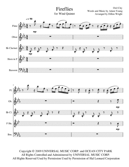 Free Sheet Music Fireflies By Owl City Wind Quintet