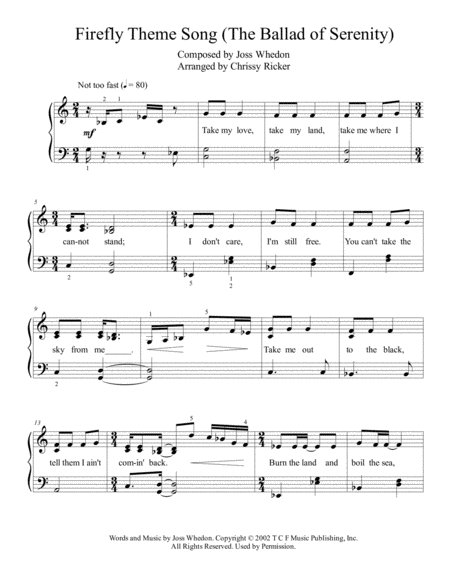 Firefly Theme Song The Ballad Of Serenity Easy Piano Sheet Music