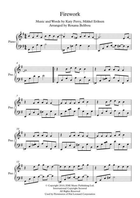 Free Sheet Music Firework G Major By Katy Perry Piano