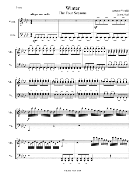 Free Sheet Music First Movement Of Vivaldis Winter Arranged For Violin And Cello Duet