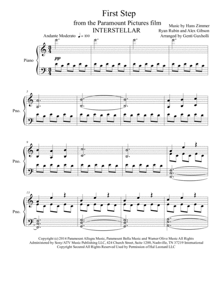 First Step From The Paramount Pictures Film Interstellar Piano Solo Sheet Music