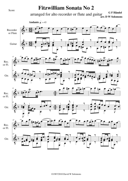 Free Sheet Music Fitzwilliam Sonata For Alto Recorder Or Flute And Guitar