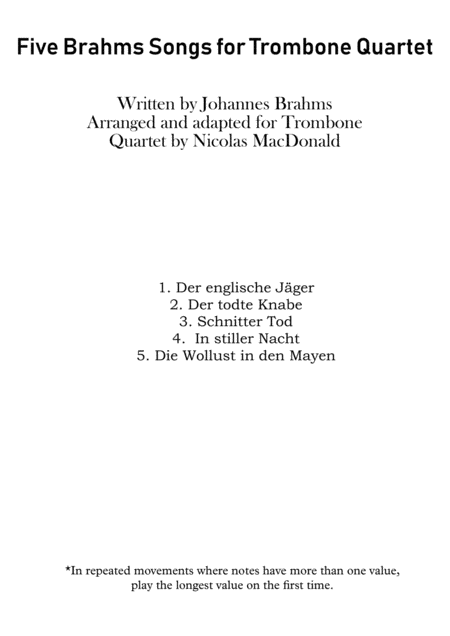 Five Brahms Songs For Trombone Quartet Sheet Music