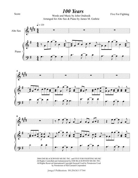 Five For Fighting 100 Years For Alto Sax Piano Sheet Music