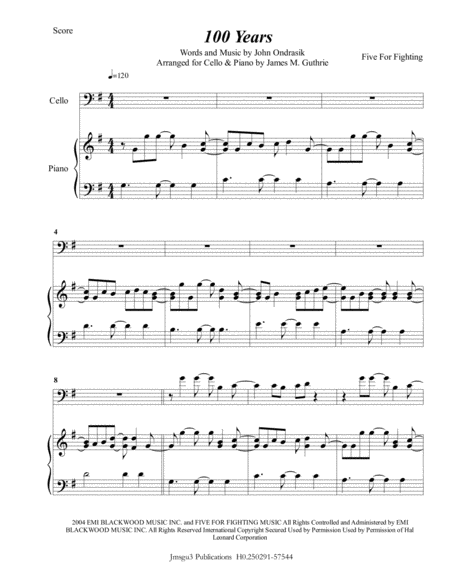 Five For Fighting 100 Years For Cello Piano Sheet Music