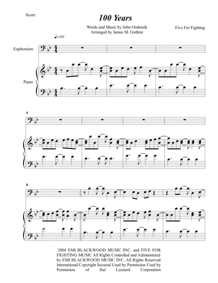 Five For Fighting 100 Years For Euphonium Piano Sheet Music