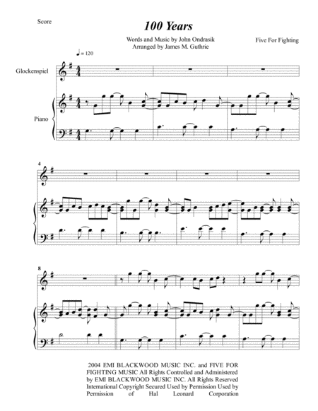 Five For Fighting 100 Years For Glockenspiel Piano Sheet Music