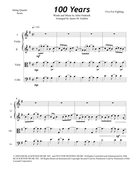 Five For Fighting 100 Years For String Quartet Sheet Music