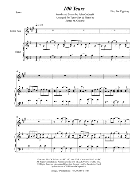 Five For Fighting 100 Years For Tenor Sax Piano Sheet Music