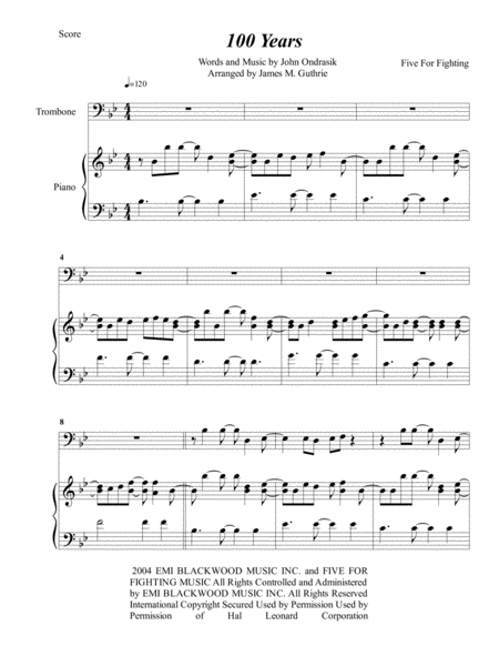 Five For Fighting 100 Years For Trombone Piano Sheet Music