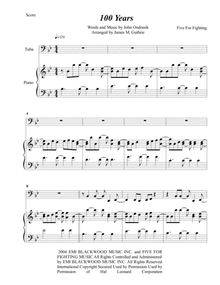 Five For Fighting 100 Years For Tuba Piano Sheet Music