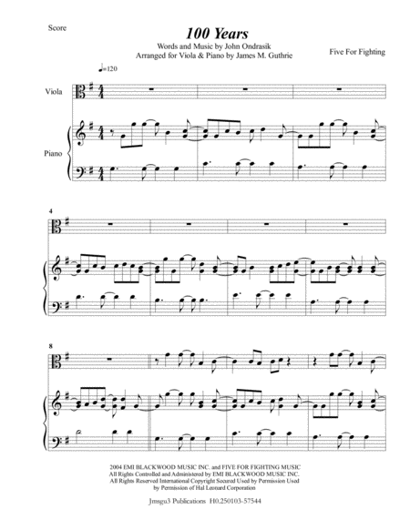 Five For Fighting 100 Years For Viola Piano Sheet Music