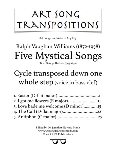 Free Sheet Music Five Mystical Songs Transposed Down One Whole Step Bass Clef