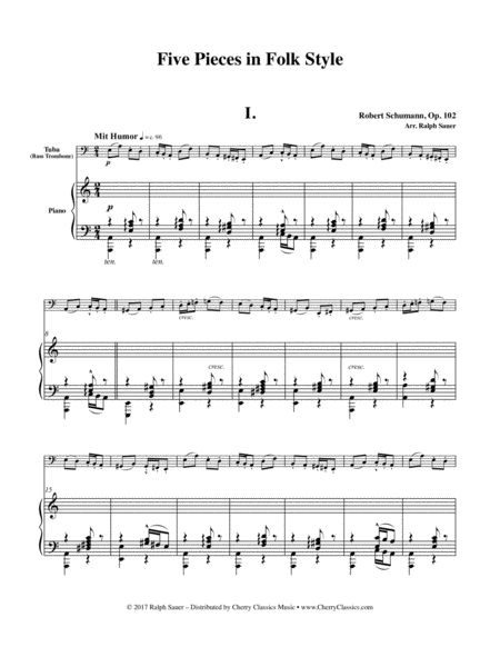 Free Sheet Music Five Pieces In Folk Style Opus 102 For Solo Tuba Or Bass Trombone And Piano