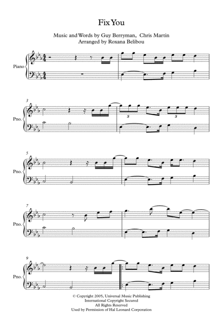 Fix You By Coldplay Easy Piano Sheet Music