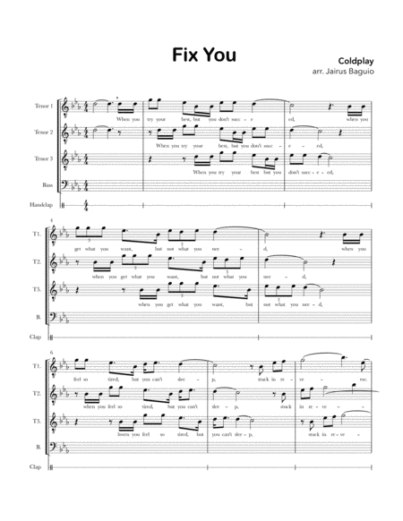 Free Sheet Music Fix You By Coldplay Ttbb All Male A Cappella Equal Voices